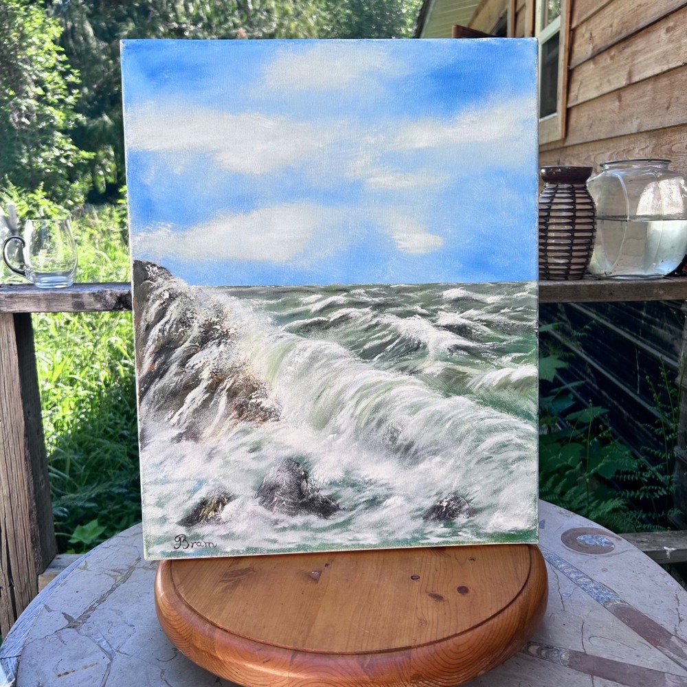 Vintage Original Ocean Seascape Painting 16x20 Blue Crashing Waves Signed Oram